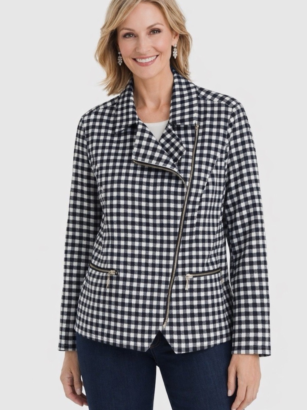 Chico's Navy and White Gingham Asymmetric Zip Jacket